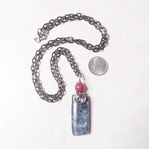 Black, Silver + Grey Norwegian Larvikite Bar Pendant + Gunmetal Black Chain